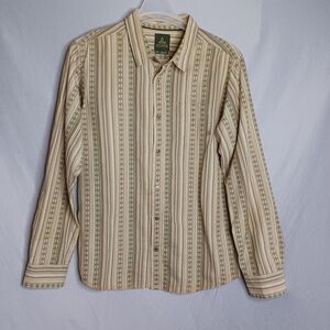 prAna Shirt Mens Large Green Beige Stripe Button Long Sleeve Organic Cotton